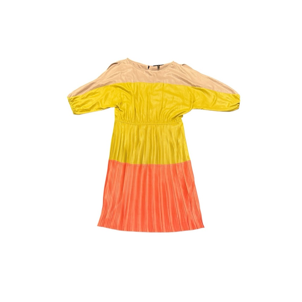 Women's M BCBG Maxazria Pleated Skirt Color Block Dress Slit Sleeves Preowned - Picture 2 of 5